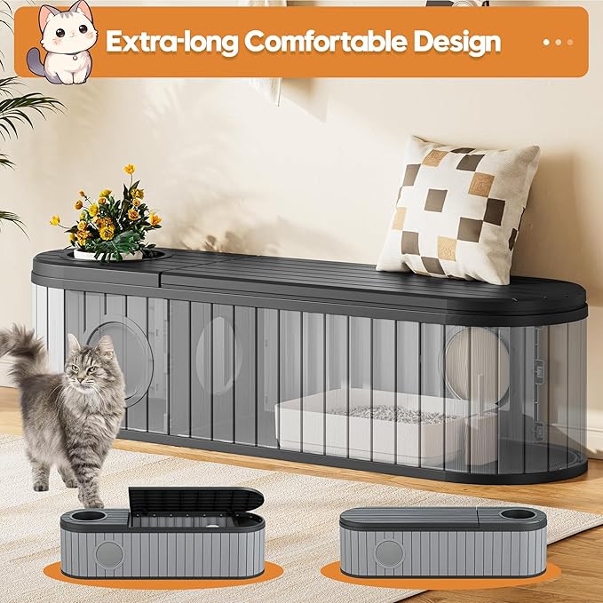 Hidden Litter Box Furniture for 2 Cats,Cat Litter Box Enclosure with Round Lift-up Door,Large Cat Cabinet,Indoor Cats House with Two Exits Grey