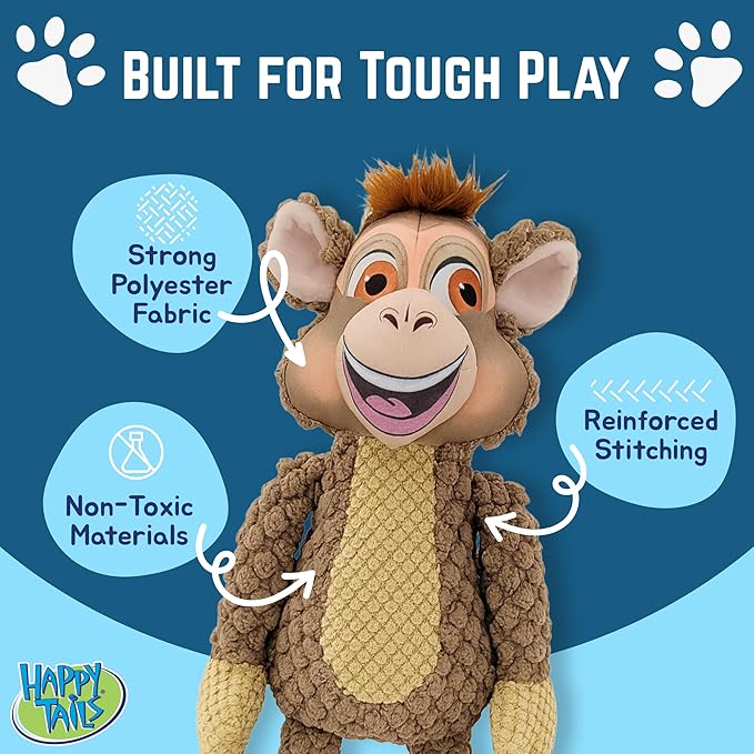 Happy Tails Monkey Dog Toy - Medium to Large Dogs, Durable Polyester, Squeaky, Reinforced Stitching, Interactive Play and Chewing