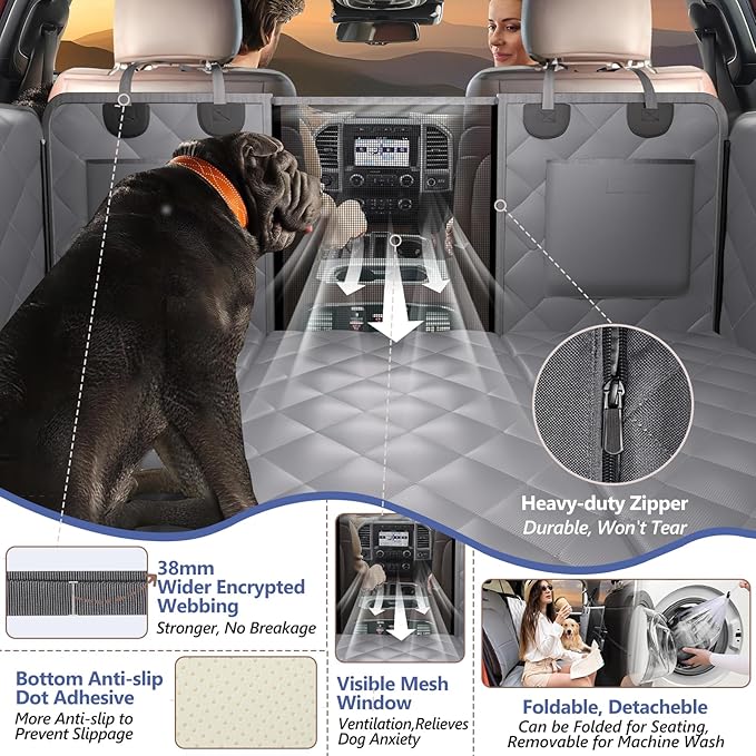 Back Seat Extender for Dogs Truck-Large Space, Hard Bottom Dog Pet Seat Cover Back Seat, Waterproof Dog Hammock for Crew Cab Trucks F150, RAM1500, Sierra, Tundra, Silverado, Grey