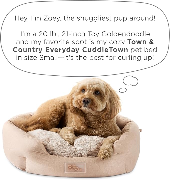 Town & Country Everyday CuddleTown Faux Linen Comfy Cozy Cuddler Pet Bed, Supportive & Calming, Non-Slip Bottom, Machine Washable Cover, Beige, Small 22"x20"x7"