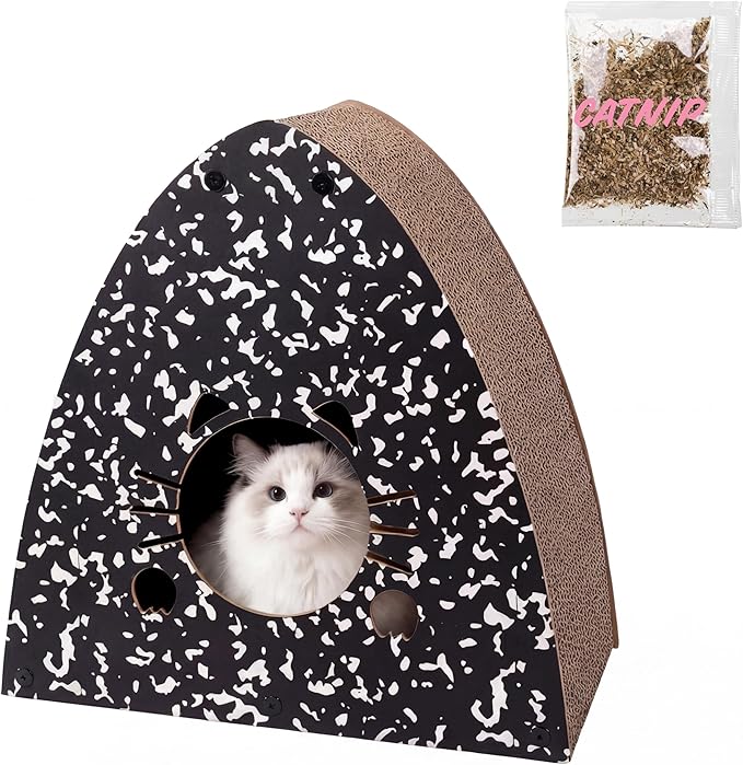 CSR1006B Koko 19" Modern Cardboard Triangle Cat Cave Scratcher with Catnip, 2-in-1 Corrugated Cat House Hideaway & Scratching Board for Cats, Durable Furniture Protector, Space-Saving
