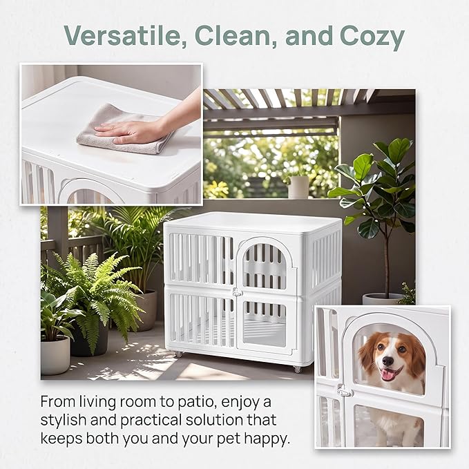 Plastic Dog Crate with Wheels, Single Door Indoor Outdoor Dog Kennel with Clear Acrylic Window, Ventilated, Easy Clean & Easy Assemble Pet Cage for Small/Medium Dogs