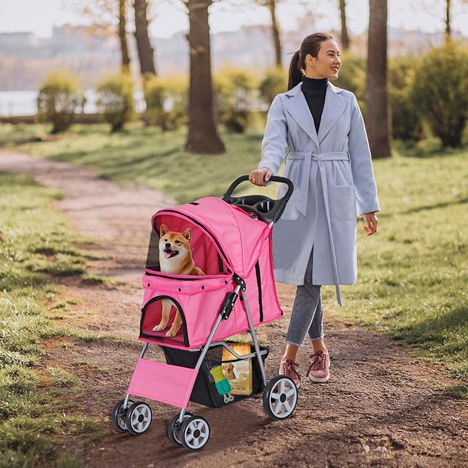 4 Wheels Foldable Pet Dog Cat Jogger Stroller Travel Carrier Strolling Cart w/Waterproof Cover Storage Basket Cup Holder & Removable Liner for Medium Small Cat Dog, Pink
