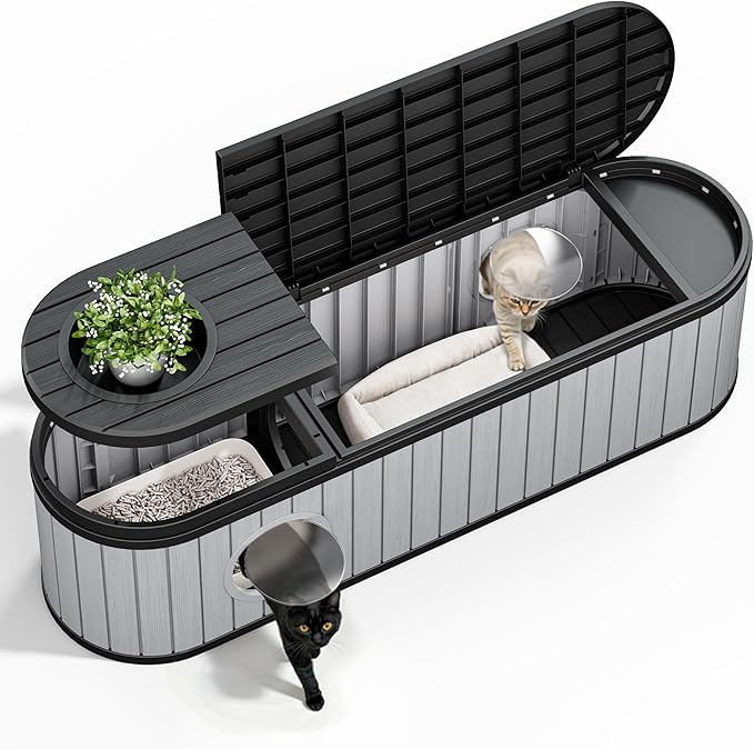 Hidden Litter Box Furniture for 2 Cats,Cat Litter Box Enclosure with Round Lift-up Door,Large Cat Cabinet,Indoor Cats House with Two Exits Grey