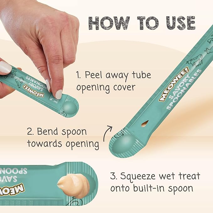 MEOWEE! Savory Spoonables with Real Duck, Beef and Rabbit for Cats, 4 Count, Treat Your Cat to Triple Flavor Squeezable Lickable Wet Treats with Built-in Spoon for Less Mess (Pack of 2)