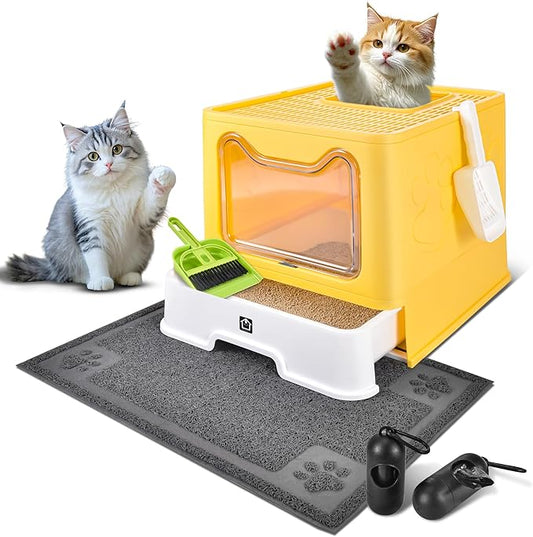 Cat Litter Box with Litter Mat, Foldable Extra Large Free in and Out/One-Way with Lid, Drawer Type Enclosed Kitty Litter Box,Odor Control Anti-Splashing Easy Cleaning (Yellow)