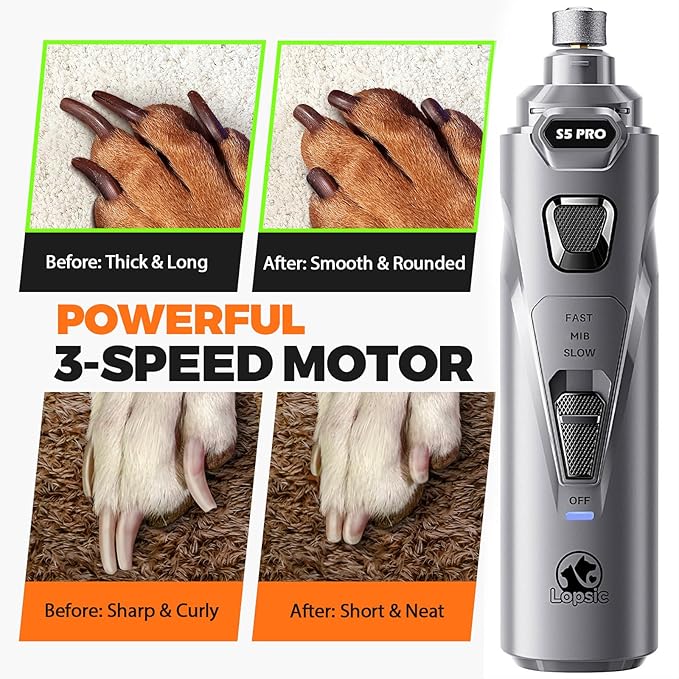 Whisper Quiet Dog Nail Grinder with 4 LED Lights, Safe & Stress-Free for Sensitive Dogs Cats of All Breeds & Sizes, 3 Grinding Bits, 3-Speed, Pet Nail Trimmers, Rechargeable Painless Grooming Kit Grey