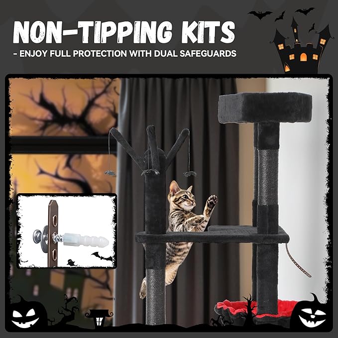 DWVO Gothic Halloween Cat Tree: 60in Tall Tower with Coffin Bed, Top Perch, Spacious Condos, Spider Playthings, Comfy Basket & Scratching Ladder for Indoor Large Cats Kittens, Black & Red