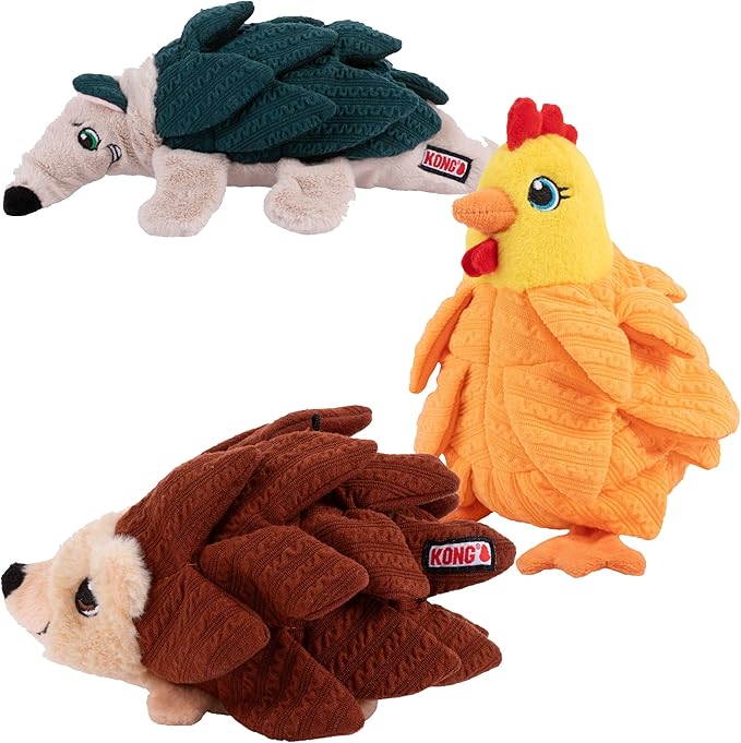 KONG Layerz Forage Dog Toy – Plush Puzzle Toy with Quilted Treat Pockets, Crackle Material & Squeaker for Enrichment (3 Pack (Armadillo, Hedgehog and Hen))