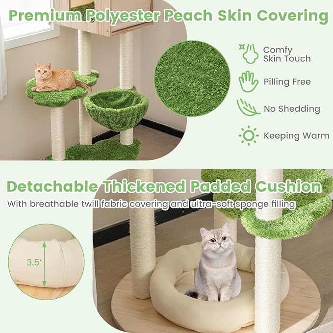 PETSITE 55 Inches Tall Wood Cat Tree, Multi-Level Modern Cat Tower with Sisal Scratching Posts, Condo, Side Hammock and Bed, Ideal for Indoor Cats
