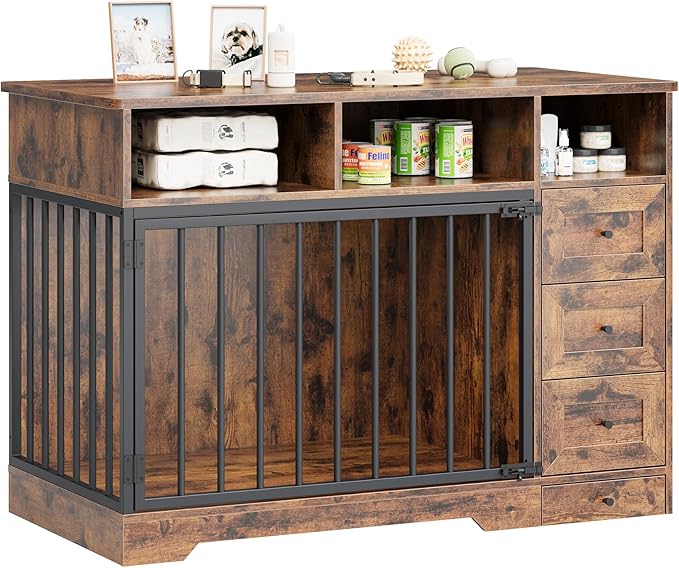 GarveeLife 48'' Dog Crate Furniture, Farmhouse Heavy Duty Dog Kennel with Bowl & Storage Drawers, Medium Dog Cage End Table for Small Medium Dogs, Retro Brown