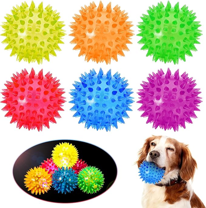 DragonflyDreams 6-Pc Spiky LED Dog Chew Toys with Spiky Balls, Glow in Dark, Interactive Toss-ball for Fetch & Tug