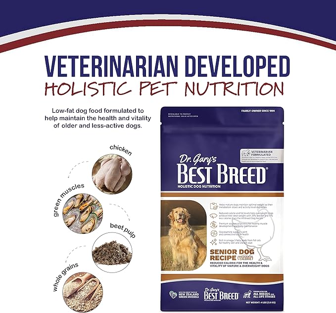 Best Breed Dr. Gary's Senior Dog Recipe, Reduced Calorie Dry Dog Food for Senior & Overweight Dogs, All Breeds, 28 lb. Bag