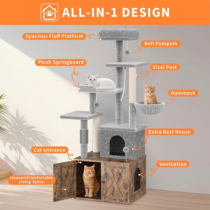 Litter Box Enclosure with Cat Tree, 2 in-1 Modern Cat Tower, Hidden Washroom Furniture, Wood Cat Condo with Scratching Post and Hammock, Indoor Pet Furniture with Multiple Platform, Rustic Brown