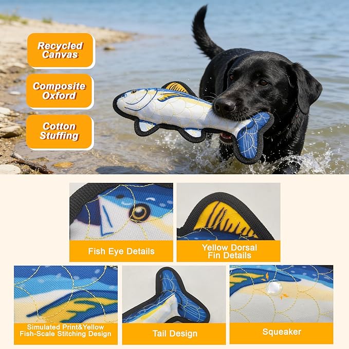 Recycled Canvas Tuna Squeaky Dog Toy for Chewers Puppy Teething Chew Toy Cute Blue Fish Stuffed Animal Durable Interactive Dog Squeak Toy for Small Medium Large Dogs Toy Gift 32.5cm/12.8in
