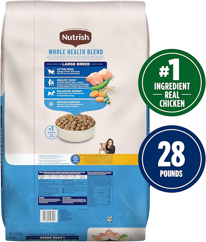 Nutrish Large Breed Real Chicken, Pea, Brown Rice & Carrot Recipe Whole Health Blend Dry Dog Food, 28 lb. Bag (Rachael Ray)