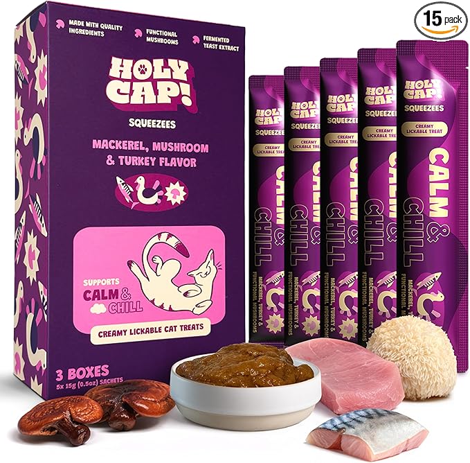 Calm & Chill Grain-Free Lickable Cat Treats, 15 Squeezable Purée Tubes (0.5 oz Each), Mackerel & Turkey Flavor, Creamy Cat Purée with Clean Ingredients, Hand-Fed Treat or Meal Topper
