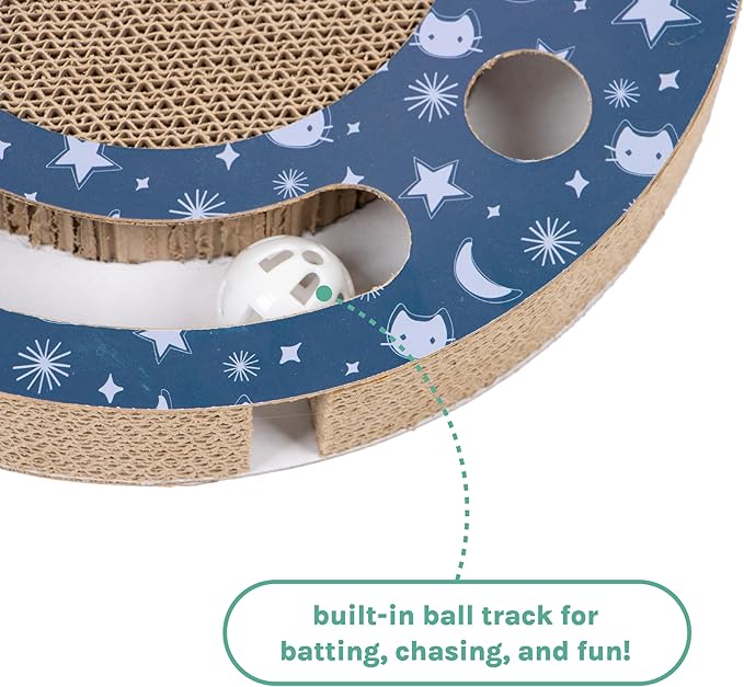 Kitty City Starry Night Corrugate Cat Scratcher with Ball Track Toy - Scratch Pad Lounger, Horizontal Corrugate Nail File Bed for Indoor Kittens, Kitty Enrichment & Play, 13” x 13”