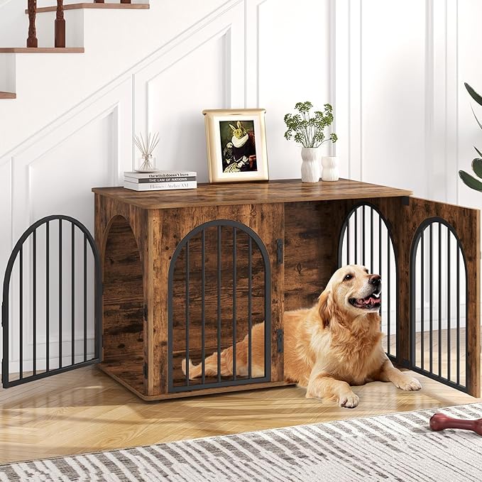 Hzuaneri 39.4" Wooden Dog Crate Furniture, Indoor Dog Kennel Dogs Cage for Small/Medium/Large Dogs, Heavy Duty Dog Crates Decorative Pet House End Side Table TV Stand, Rustic Brown DFC84101B