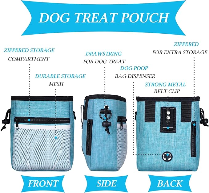 STMK Dog Treat Pouch Dog Clicker Training Kit, Dog Training Treat Pouch Dog Clicker for Training, 3 Ways to Wear Easily Carries Treat Pouches for Pet Training (Black and Light Blue)