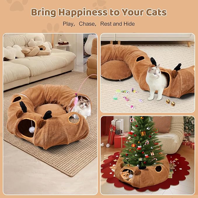 Cat Tunnel Bed with 20 Pcs Interactive Toys, 3-in-1 DIY Collapsible Plush Cat Tube with Washable Mat, Large Indoor Play Tunnel Cave for Kittens and Small Animals