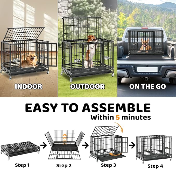 Homey Pet 2 Pack Three Tiers 37 Inch Dog Crate, Escape Proof Dog Cage Kennel Indoor with Top Access and Lockable Wheels, Removable Tray, Heavy Duty Dog Crates for Medium/Small Dogs
