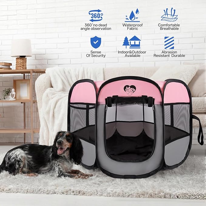 Dog Cat Playpen,Portable Foldable Tent-Outdoor Pet Crate Cage for Small Dogs,Travel Camping Use for Small Animals with Carrying Case,Indoor Enclosure for Puppy/Cats/Rabbits(Pink, S)