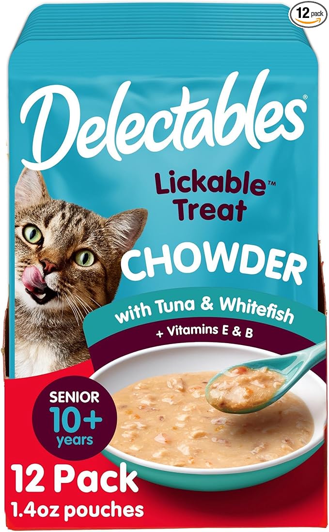 Delectables Lickable Treat Chowder Senior 10+ Wet Cat Treat with Real Tuna & Whitefish, Food Topper, Hydrating, Grain-Free, No Fillers, By-Products, Added Preservatives, 1.4oz Pouch, 12ct