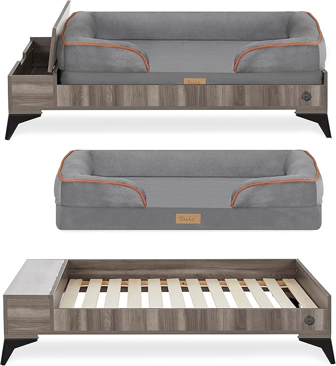 Wooden Dog Bed with Mattress, Large to Extra Large Water-Resistant Elevated Pet Bed, Wooden Pet Bed with Storage, Greenguard Gold Certified, Machine Washable, Smokey Grey, Wyatt - TailZzz