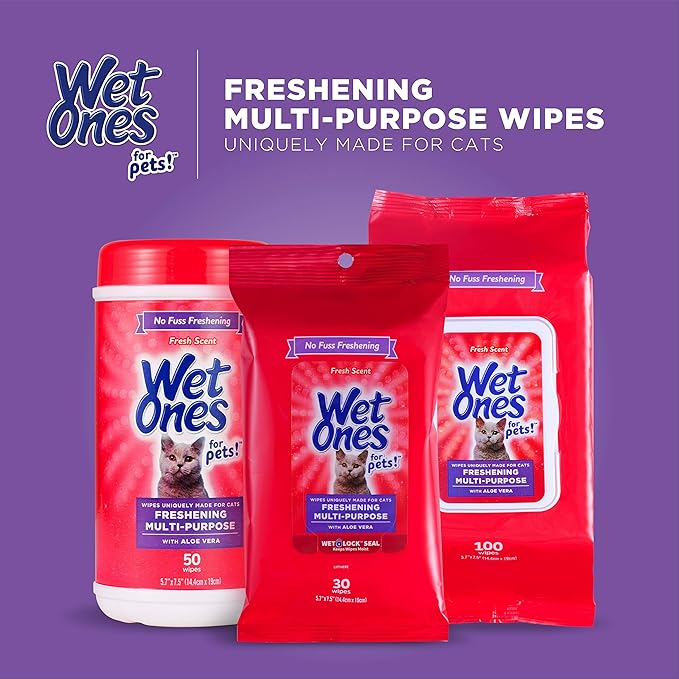 Wet Ones for Pets Freshening Multipurpose Cat Wipes with Aloe Vera, Fresh Scent - Easy to Use Cat Freshening and Grooming Wipes with Wet Lock Seal, 100 Count