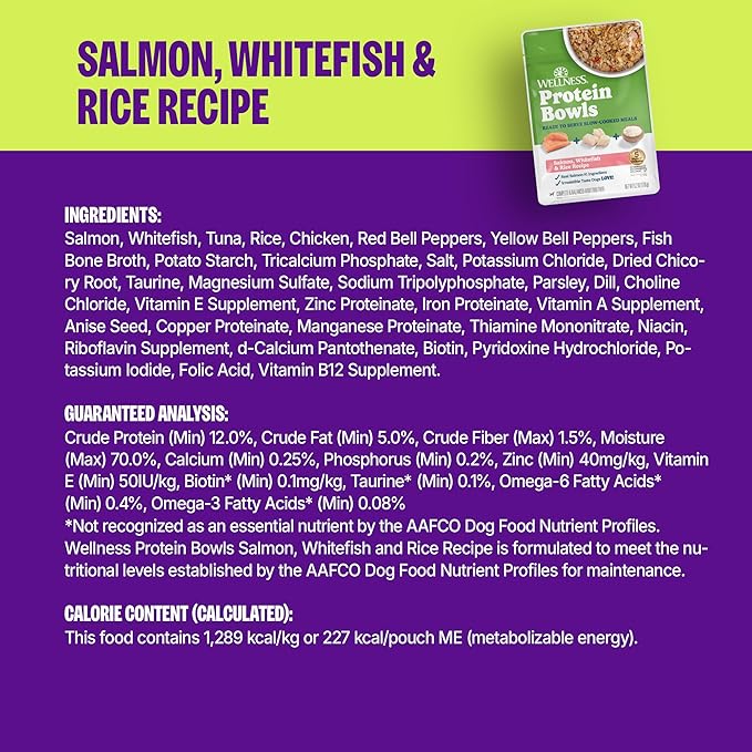 Wellness Protein Bowls Adult Wet Dog Food, Fresh Alternative, Wholesome Grains, Natural, Salmon, Whitefish, and Rice Recipe, 6.2 oz, Pack of 6 Pouches