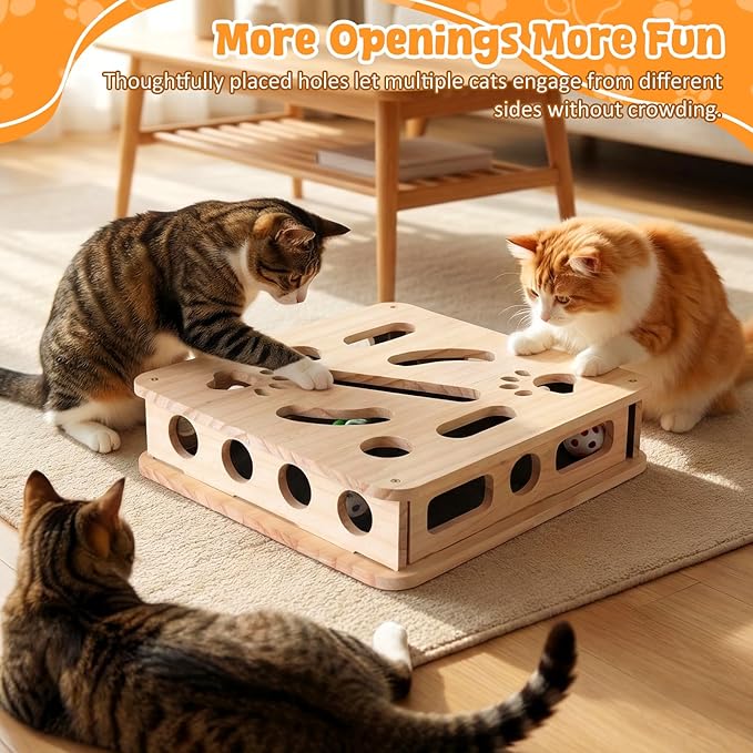 2026 Cat Scratch Puzzle Enrichment Box, Cat Nail File Enrichment Box, Includes Replacement Sandpaper, 3 Bell Balls & 1 Teaser Wand,Wooden Puzzle Treat Toy Box Stimulate Cat Instincts for Bored Cats