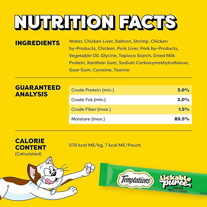 Temptations Creamy Puree Squeezable Lickable Cat Treats, Wet Cat Treats with Salmon and Shrimp, 0.42 oz. Tubes, 4 Count, Pack of 11 (44 Total)