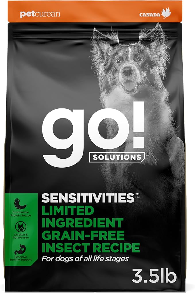 Go! Solutions Sensitivities Limited Ingredient Insect Grain-Free Dry Dog Food, Chicken-Free Kibble Made by Experts for Sensitive Stomachs & Food Allergies, for Puppies, Adults, & Seniors, 3.5 lb Bag