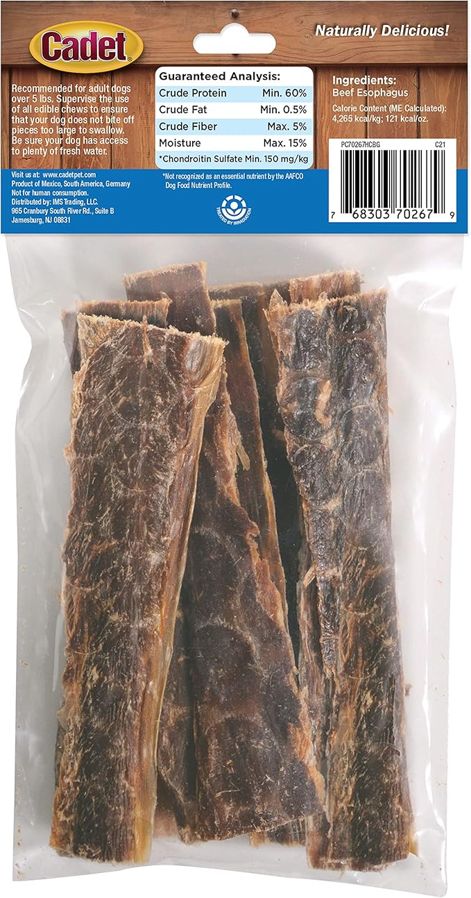 Cadet 100% Beef Strips Dog Treats, Single Ingredient Beef Esophagus Dog Jerky, Healthy High Protein Rawhide Alternative for Small & Large Dogs, 2.8 Ounce