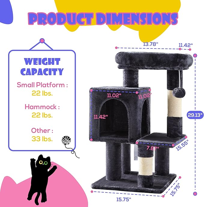 SHA CERLIN 29in Cat Tree for Indoor Cats, Multi-Level Cat Tower with Large Perch, Cozy Condo, Playful Toy Balls, Sisal Scratching Posts, Stable Pet Furniture Activity Center, Space-Saving, Dark Grey
