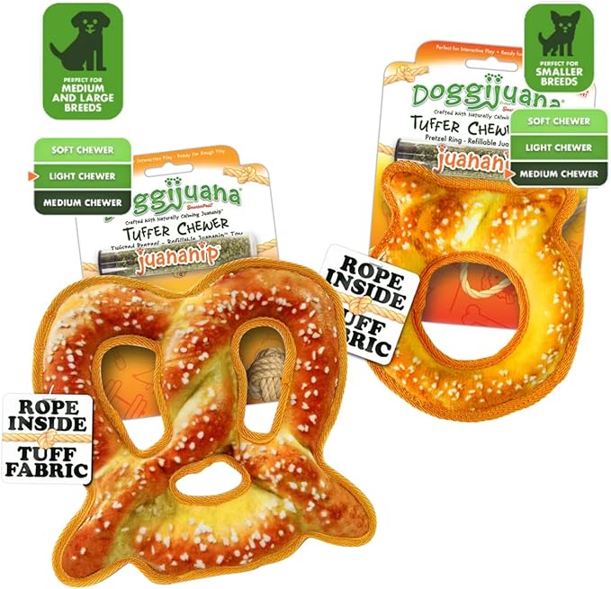 Doggijuana Cafe Combo Refillable Juananip Toy Bundle | Twisted Pretzel & Pretzel Ring | Funny Dog Toy Plush with Catnip and Refill | Interactive Chew Toy for Play