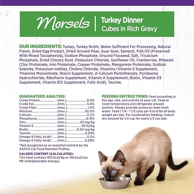 Wellness Complete Health Morsels Adult Canned Wet Cat Food, Natural, Protein Rich, Grain Free, Turkey Dinner Recipe, 5.5 oz, Pack of 24 Cans