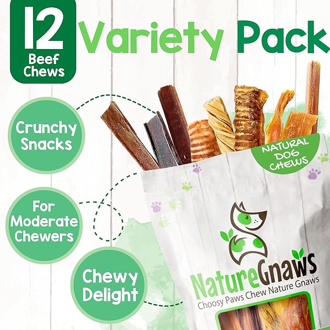 Nature Gnaws Variety Pack for Small Dogs (12 Count) - Bully Sticks, Beef Tendons and Tripe Twists for Dogs - Natural Long Lasting Beef Dog Chew Bones - Rawhide Free