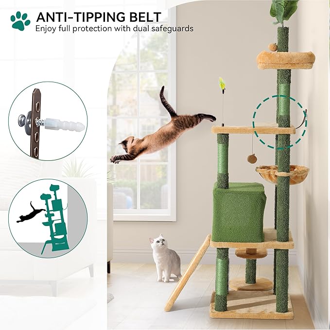 YITAHOME Tall Cat Tree Tower with Leaves for Indoor Cats, 72.8in Cute Cat Climbing Tower with Self-Grooming Brush, Cat Condo, Top Perch, Basktet, Sisal Scratching Posts and Board, Dangling Ball