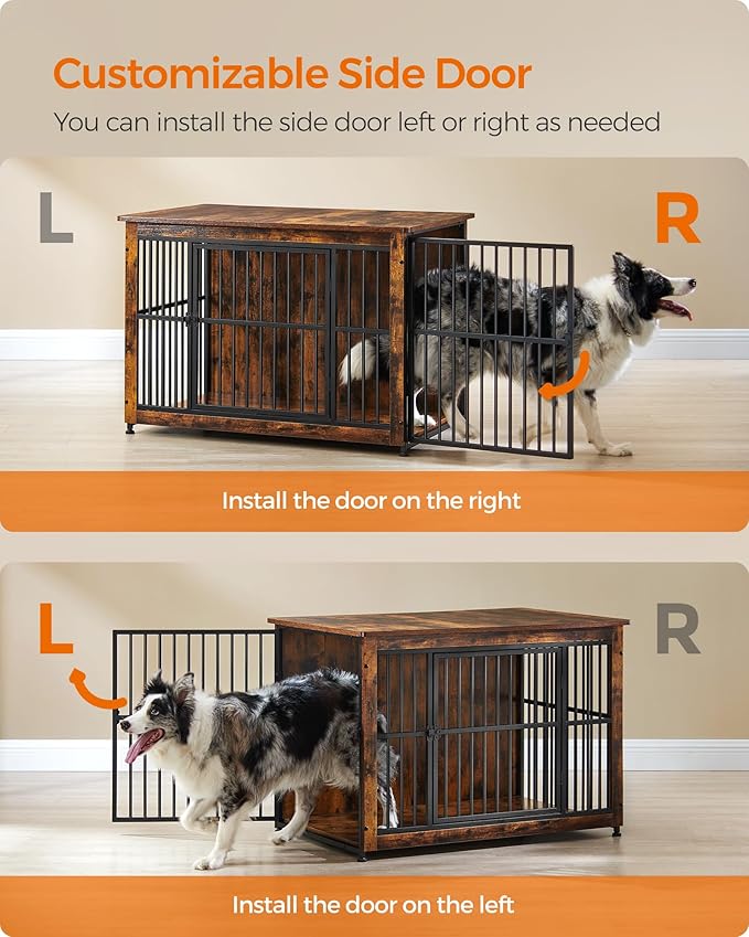 Feandrea 38.6" Dog Crate Furniture, Heavy-Duty Dog Cage Side End Table, XL Pet Wood Kennel for Large and Medium Dogs up to 70 lb with Enclosed Base, Double-Door Pet House, Rustic Brown