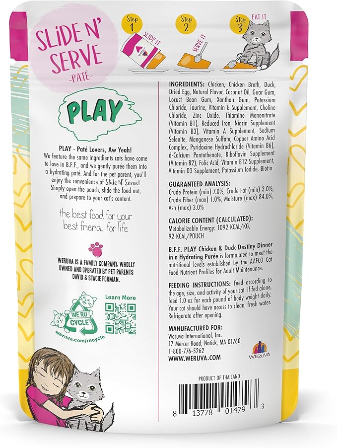 Weruva B.F.F. Play - Best Feline Friend Paté Lovers, Aw Yeah!, Chicken & Duck Destiny with Chicken & Duck, 3oz Pouch (Pack of 12)