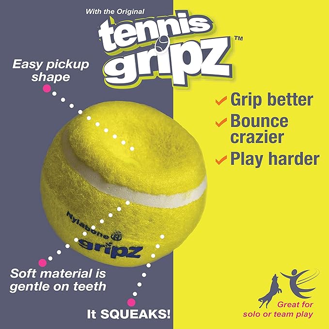 Nylabone Power Play Tennis Gripz Fetch Toy, Squeaky Tennis Ball Chew Toy for Dogs, Small (3 Count)