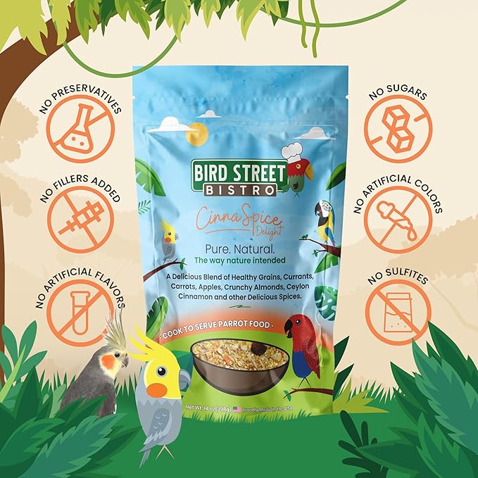 Bird Street Bistro Parrot Food for Parakeets & Cockatiels - CinnaSpice - 24 oz - Cooks in 3-15 min, Natural Grains, Fruits & Vegetables - USA Made
