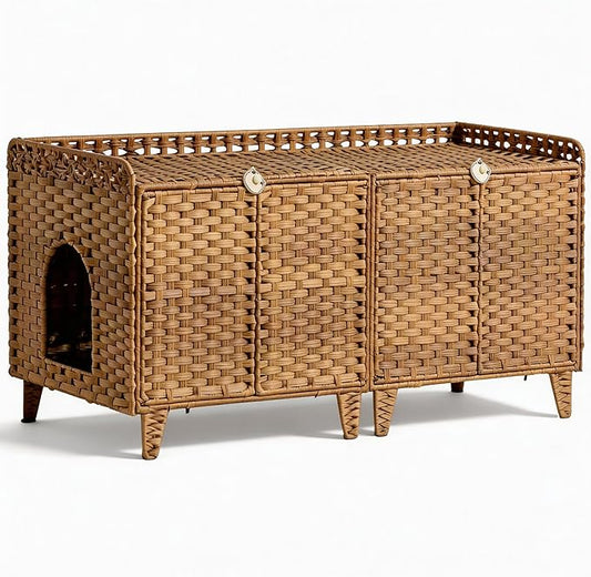 Garvee Cat Litter Box Enclosure Furniture, Handwoven Rattan Cat Houses, Hidden Cat Washroom Furniture with Door/Mat, Large Space Cat Houses with s-Shaped Hooks, Living Room, Bedroom, Natural