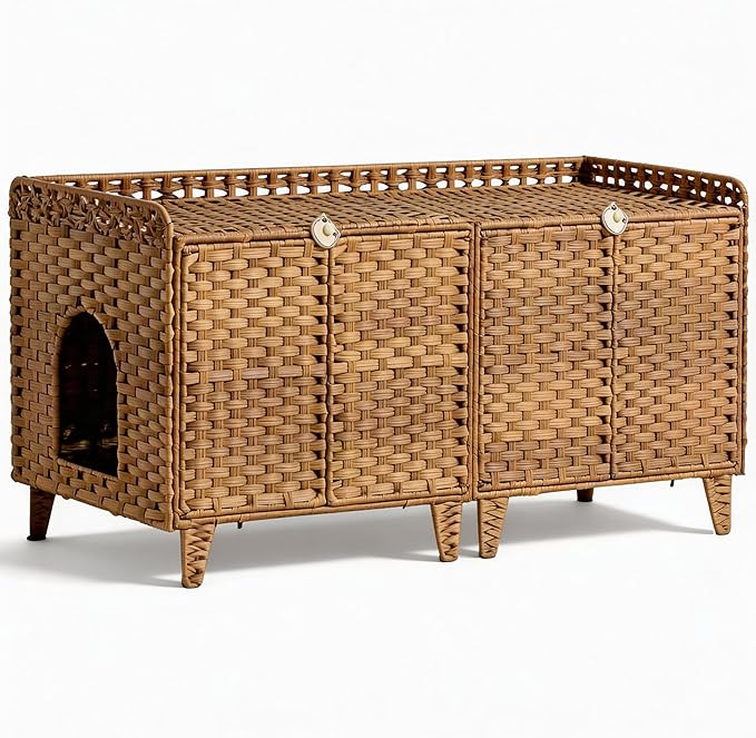 GarveeLife Cat Litter Box Enclosure Furniture, Handwoven Rattan Cat House, Hidden Cat Washroom Furniture with Door/Mat, Large Space Cat House with s-Shaped Hooks, Living Room, Bedroom