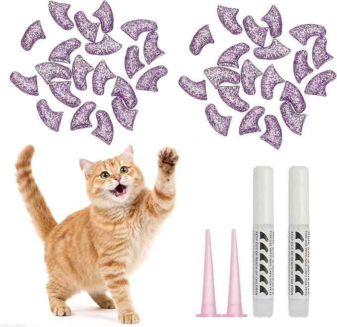 Cat Nail Caps, Cat Claw Covers with Adhesive Glue and Applicators, Kitten Claw Caps Soft Paws, (40 Pcs, S, Crystal Lavender), Intended for Pet Tips/Nail Covers/Control Paws
