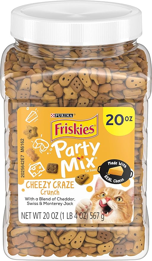 Purina Friskies Party Mix Cat Treats, Cheezy Craze Crunch, Blend of Cheddar, Swiss & Monterey Jack, Cat Treats Made with Real Cheese, 20-Ounce Canister (Pack of 4)