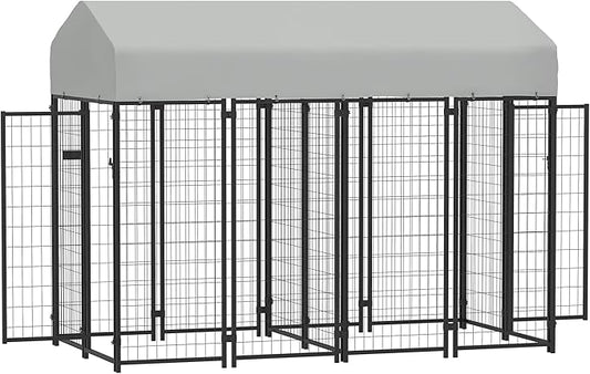 PawHut Outdoor Dog Kennel with 2 Rooms, 8' x 4' x 6' Heavy Duty Welded Wire Dog Playpen Enclosure with Escape-Proof Lock, UV-Resistant & Waterproof Cover, for Large Dogs, Chickens, Ducks, Silver