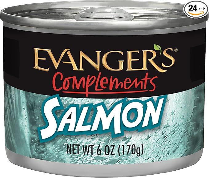 Evanger's Complements Grain Free Salmon for Dogs & Cats – 24 Count, 6 oz Each – Single Protein, Grain & Gluten Free, Rich in Omegas, Protein Rotation, Dry Food Topper
